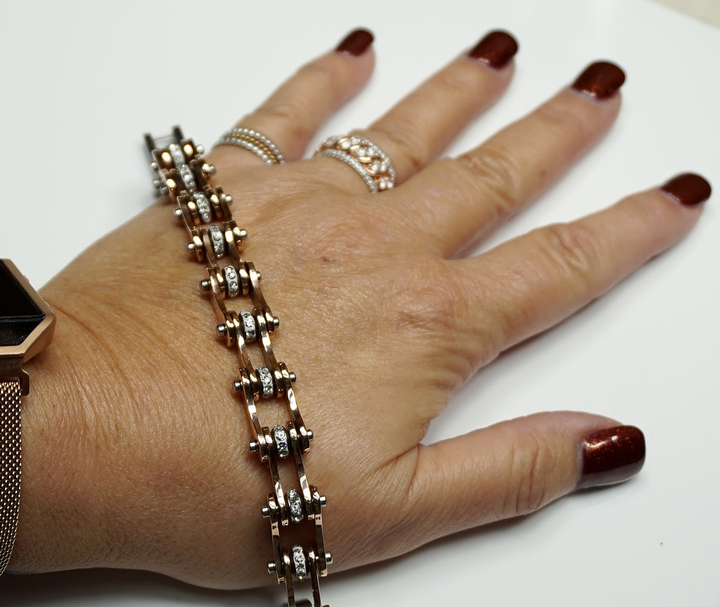 HDsmallPARTS Rose Gold Motorcycle Chain Bracelet with crystals for Ladies. LocEzy.com